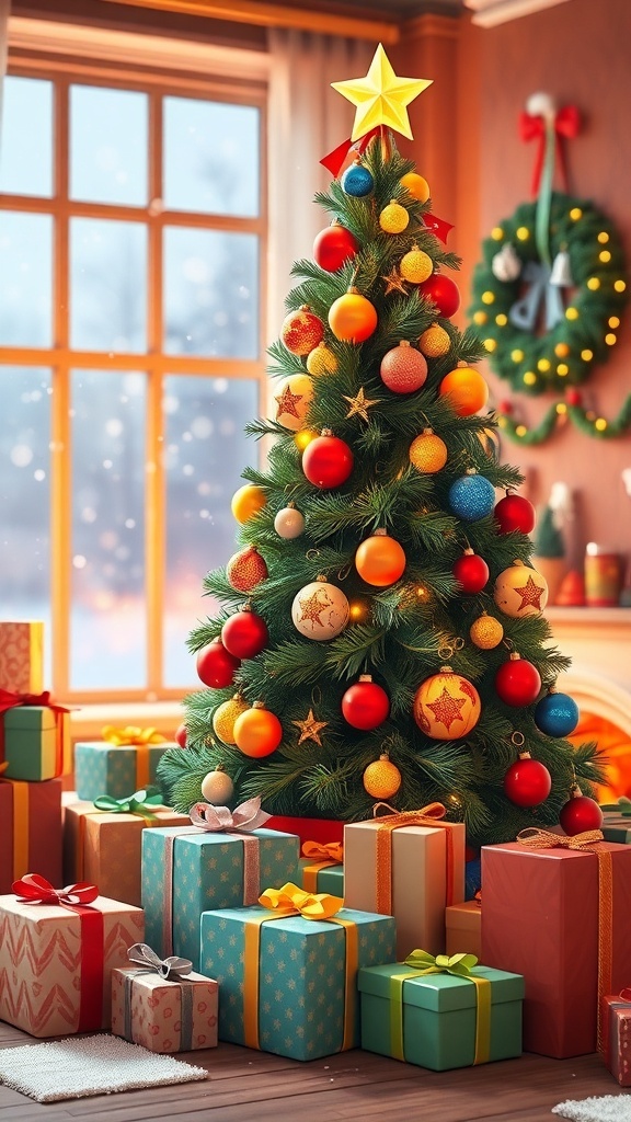 3D illustration of a Christmas scene with a decorated tree, gifts, and a fireplace.